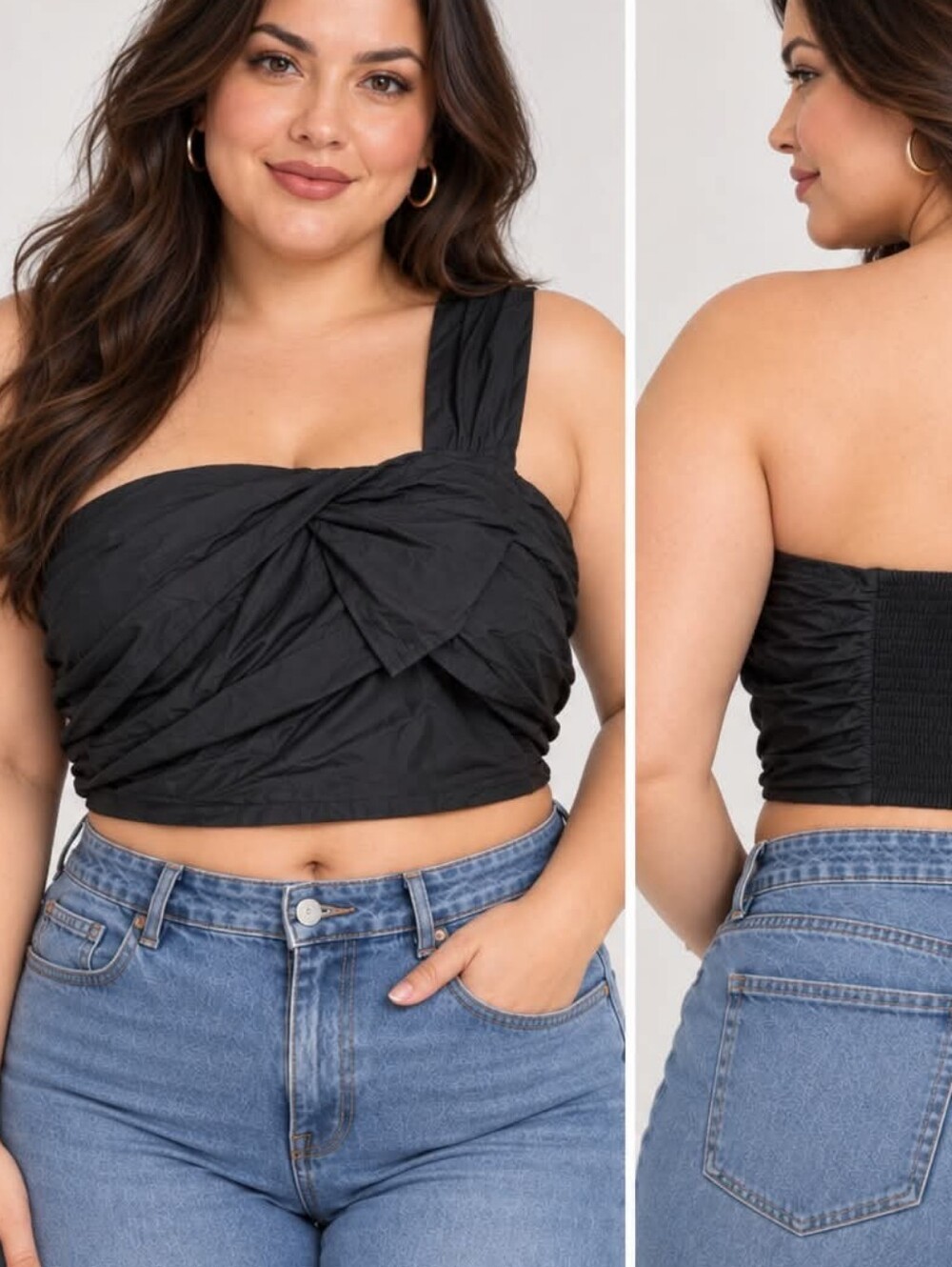 Anthropologie Black One-Shoulder Smocked Draped Bow Top 14W Plus